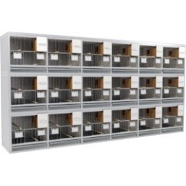 Block of 18 Cages, 3 on top and 6 beside each other, per cage 40cm wide and 40cm high, with nesting-box for canaries