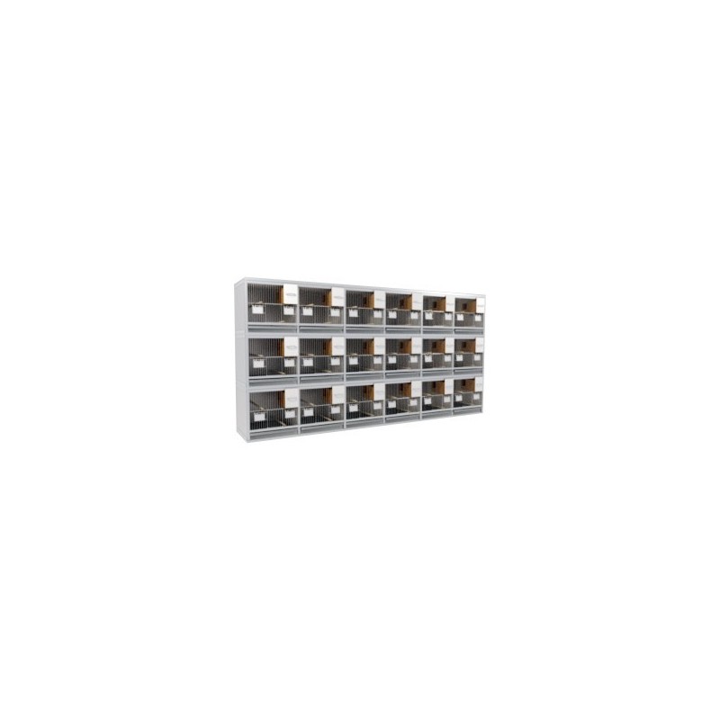 Block of 18 Cages, 3 on top and 6 beside each other, per cage 40cm wide and 40cm high, with nesting-box for canaries