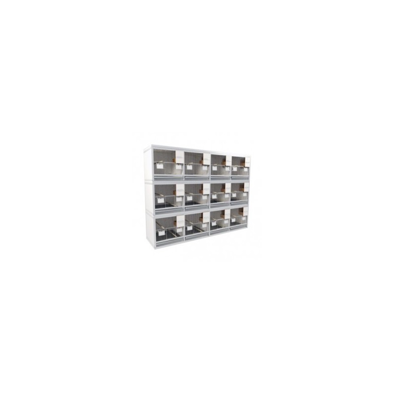 Blok van 12 kooien, 3 boven en 4 naast elkaar, per kooi 60cm breed en 50cm hoog met kanarienestlade