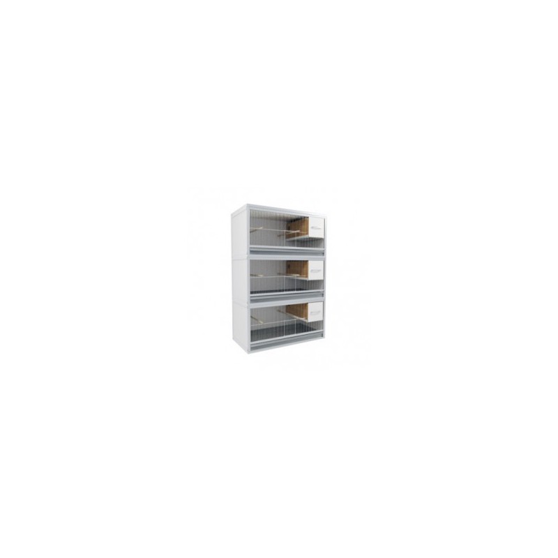 Block of 3 Cages, on top of eachother, per cage 60cm wide and 50cm high with nesting-box for parakeets
