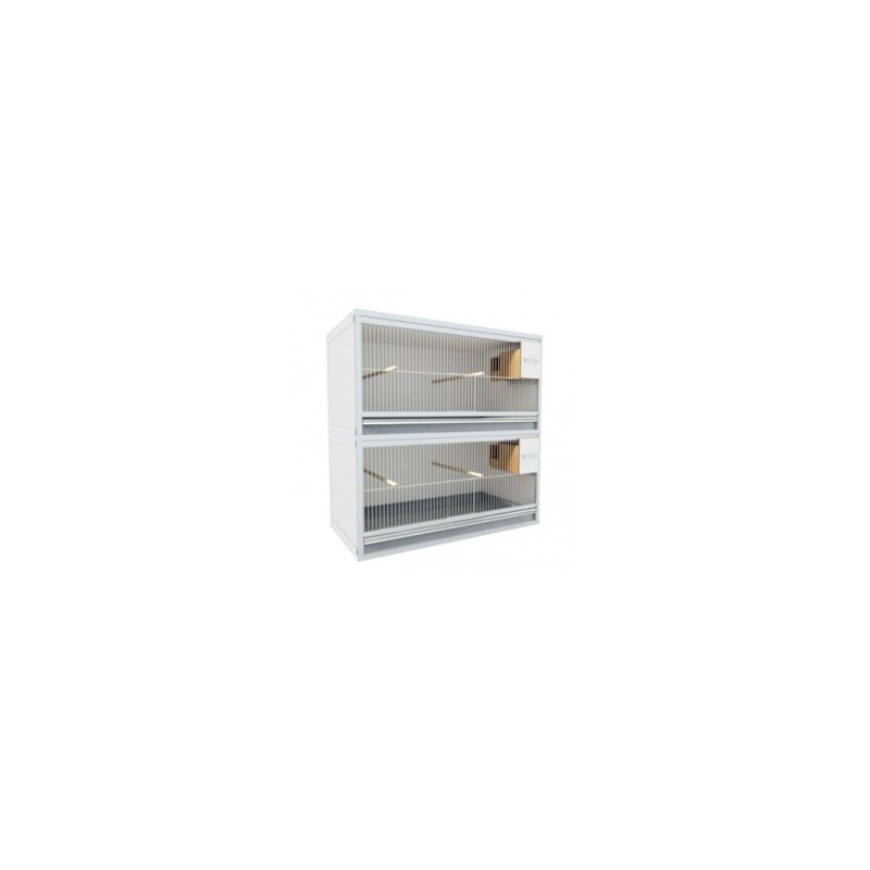 Block of 2 Cages, on top of eachother, per cage 80cm wide and 40cm high, with nesting-box for finches