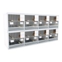 Block of 8 Cages, 2 on top and 4 beside each other, per cage 40cm wide and 40cm high, with nesting-box for canaries